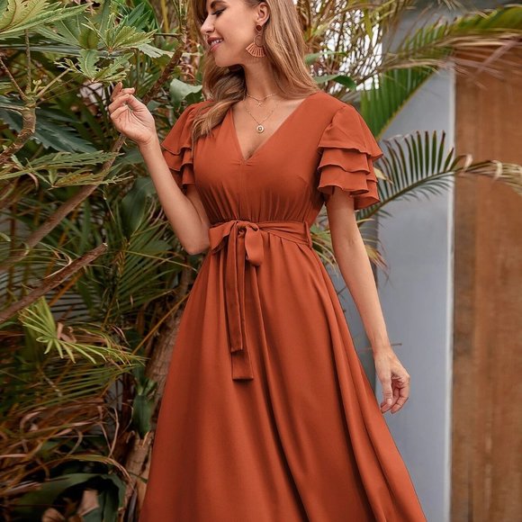 Boho layered V-neck sleeve belted midi dress burnt orange - Picture 3 of 6